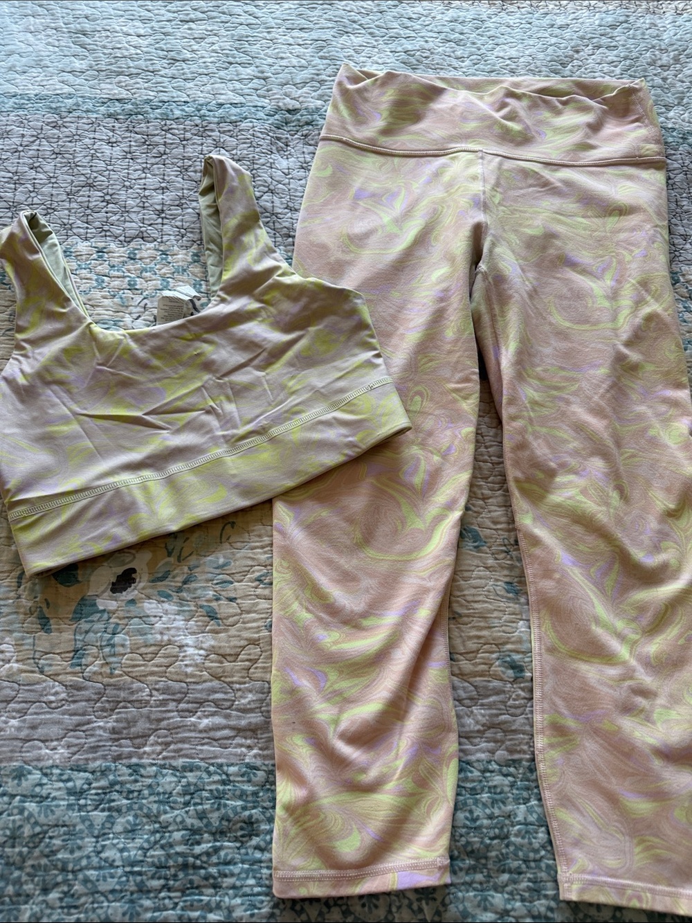 Fabletics Pastel Swirl Sports Bra & Leggings Set - Pink, Lime, Lavender